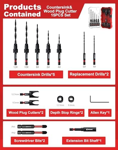 EZARC Countersink Drill Bit Set, 15PCS Tapered Bits with Plug Cutters