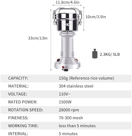 150g Grain Mill, 304 Stainless Steel Spice Grinder, 1500W High-speed Commercial Flour Mill, Superfine Flour Mill Grinder for Home, Grain Mill for Flour