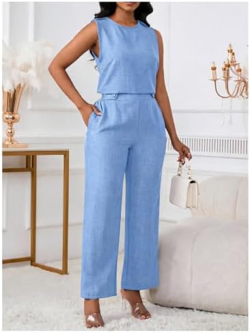Floerns Women's 2 Piece Sets Dressy Outfits Bussiness casual Crew Neck Sleeveless Blouse and Elegant Pants Set