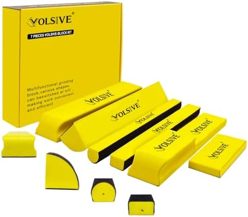 VOLSIVE 7pcs Hand Sanding Block Set, Rectangle Handheld Sanding Pad, Hook and Loop Interchangeable Assorted Shapes, for Sanding or Polishing in Auto Body and Paint Shops - Yellow
