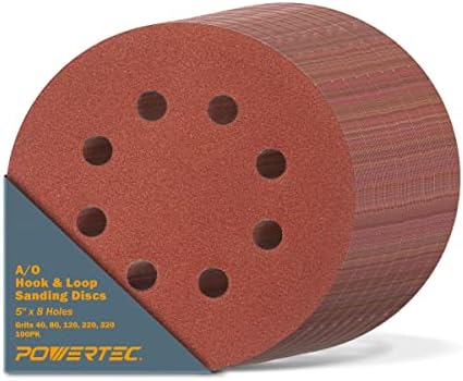 POWERTEC 100PK, 40/80/120/220/320 Grits, 5 Inch 8 Hole Hook and Loop Sanding Discs, Aluminum Oxide Sandpaper Discs, Woodworking Sanding Pads for Random Orbital, Palm, Air & Pneumatic Sander (45000)