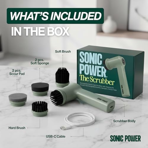 SonicPower Electric Spin Scrubber – Handheld & Ergonomic, IPX7 Waterproof, 4 Multi-Purpose Brush Heads, Long-Lasting Rechargeable Battery – Cleans Dishes, Bathroom, Tile, Grout & Kitchen (Sage)