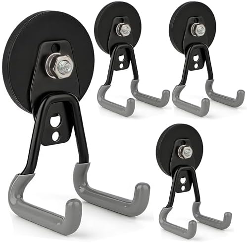 ULIBERMAGNET Upgraded Heavy Duty Magnetic Hooks,4 Pack Strong Large Magnet Hook for Power Drill,Garden Tools,Hose,Pegboard,Garage,Workshop,Magnetic Storage Hooks for Indoor Outdoor Hanging(Gray)