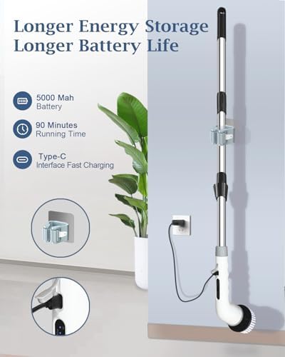 Electric Spin Scrubber, Shower Scrubber Cordless Cleaning Brush with 8 Replaceable Brush Heads and Squeegee，Adjustable Extension Handle 2 Speeds Electric Cleaning Brush for Bathroom, Tub, Tile，Kitchen