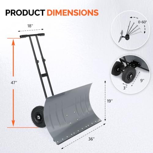 VINGLI 36‑Inch Snow Pusher with Wheels, Metal Snow Shovel for Driveway