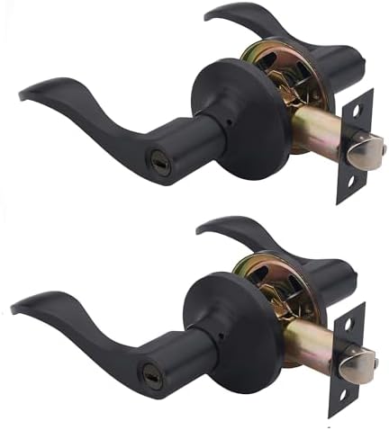 2 Pack of HENYIN Wave Lever Door Lock/Door Knob Hardware Handle and Closet Lockset, Black Color, Bathroom Version Without Key,Left Hand (805-B-L-Bk-2)