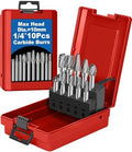Sworker 10Pcs Carbide Burr Set 1/4 Shank w/Red Box Max Head Dia 10mm Die Grinder Bits Rotary Tools Attachment Kit Rasp Accessories Metal Wood Stone Steel Grinding Deburring Cutting Porting Carving