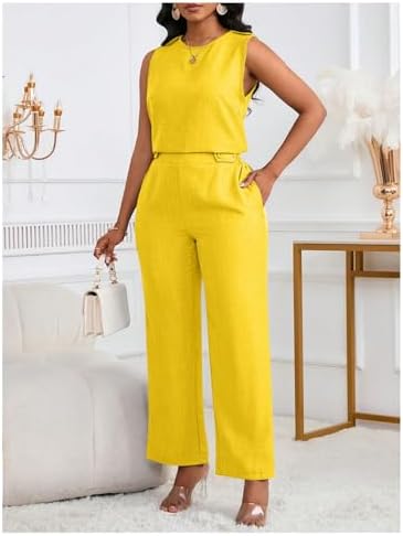 Floerns Women's 2 Piece Sets Dressy Outfits Bussiness casual Crew Neck Sleeveless Blouse and Elegant Pants Set