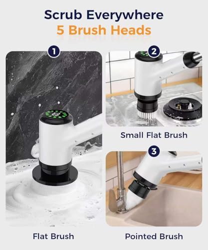 Cordless Electric Spin Scrubber with 5 Brush Heads, White-te1