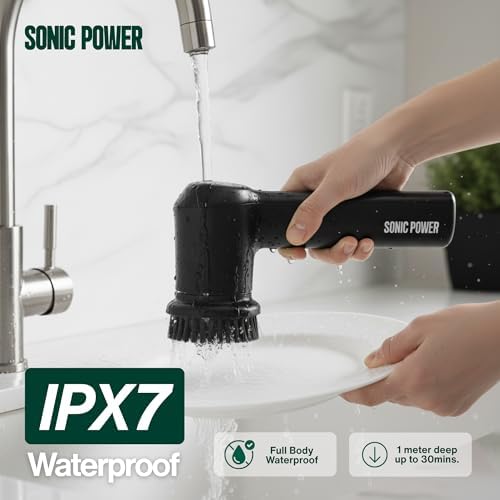 SonicPower Electric Spin Scrubber – Handheld & Ergonomic, IPX7 Waterproof, 4 Multi-Purpose Brush Heads, Long-Lasting Rechargeable Battery – Cleans Dishes, Bathroom, Tile, Grout & Kitchen (Black)