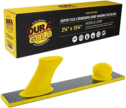 Dura-Gold Pro Series Firm & Flex Longboard Hand Sanding Block, Hook & Loop Backing & PSA Adapter Pad with 80 & 180 Grit Gold PSA Longboard Sandpaper