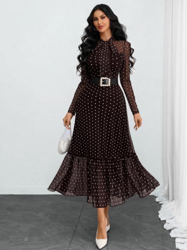 GothDark Polka dot Dress for Women Tie Neck Bow Ruffle Fall Vintage Dress