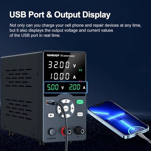 DC Power Supply, 30V 10A Variable Power Supply with Output Button, USB Fast Charging Port/USB Output Current Display, Bench Power Supply with OCP Short Circuit Alarm, Mute Mode