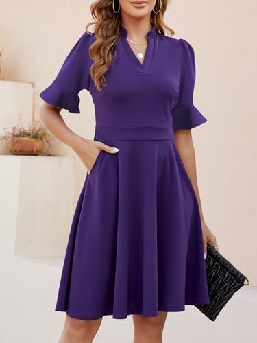 Mokayee Womens Summer V Neck Ruffle Short Sleeve Fit and Flare Knee Length Church Wedding Guest Dresses with Pockets