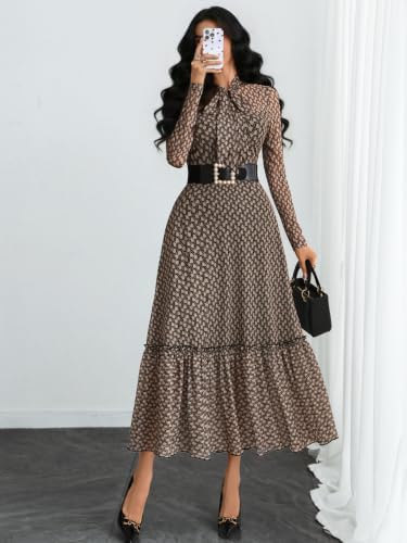 GothDark Polka dot Dress for Women Tie Neck Bow Ruffle Fall Vintage Dress