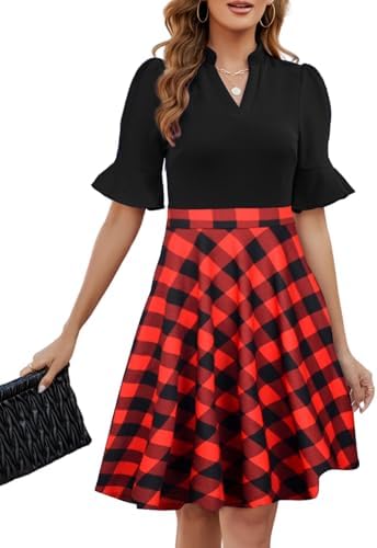 Mokayee Womens Summer V Neck Ruffle Short Sleeve Fit and Flare Knee Length Church Wedding Guest Dresses with Pockets