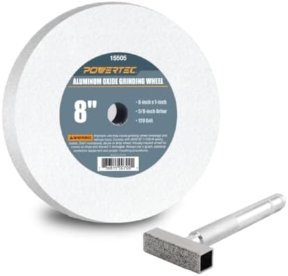 POWERTEC Bench Grinder Wheel + Diamond Wheel Dresser 8 Inch 120 Grit, White Aluminum Oxide Grinding Wheel for Bench Pedestal Grinder, 1" Thick 5/8" Arbor, Sharpening Shaping Blade, Chisel, Drill Bits