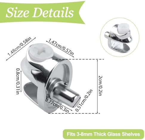 Adjustable Glass Shelf Bracket Pegs 20Pcs Zinc Alloy Frameless Glass Shelf Holder Half Round Cabinet Clamp with Pin Wall Mounted Clips for 3-8mm Glasses (Chrome)