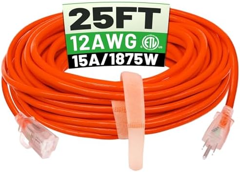POWGRN 25 FT 12/3 Outdoor Extension Cord Waterproof Heavy Duty Power Cord