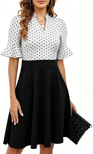 Mokayee Womens Summer V Neck Ruffle Short Sleeve Fit and Flare Knee Length Church Wedding Guest Dresses with Pockets