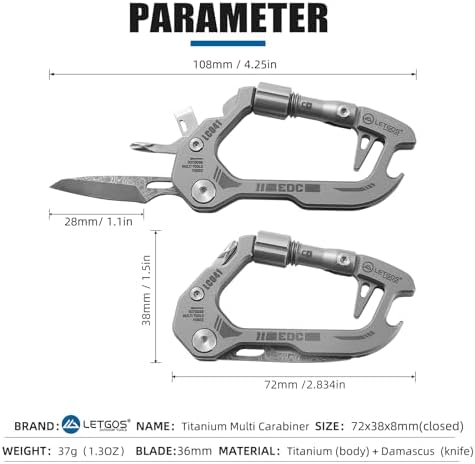 Titanium 6-in-1 Multi-Tool Carabiner–EDC Damascus Steel Knife, Bottle Opener, Screwdriver Set, Lockable Keychain Hook – Lightweight 1.3 oz for Outdoor Camping Hiking, Gift for men