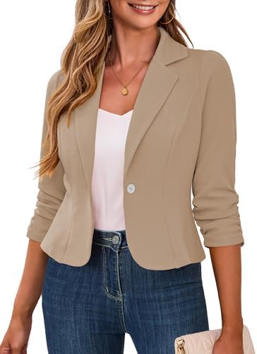 Traleubie Women's Cropped Blazer 3/4 Ruched Sleeve Business Casual
