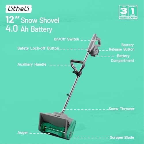 Litheli Cordless Snow Shovel, 20V 12'' Electric Snow Blower for Driveway, Battery Powered Snow Thrower, 4.0Ah Battery and Fast Charger Included