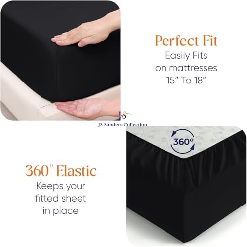JS Sanders Collection 600TC Flex Top Queen Sheets for Sleep Number Bed - 100% Cotton 4 Pcs Top Split Queen Sheets for Adjustable Bed Queen 36 Inch Down Black -18 Inch Deep