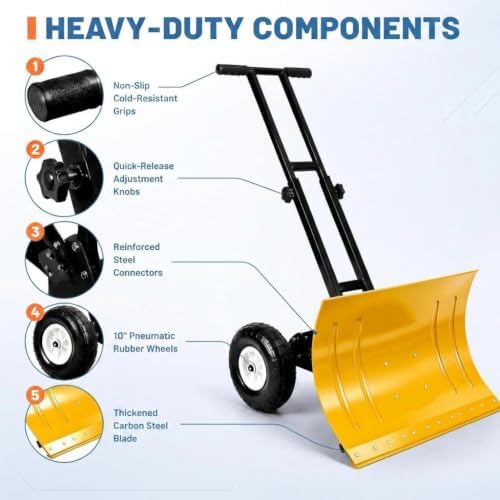 GarveeLife Wheeled Snow Shovel - 29in Steel Blade, 10in Wheels Yellow/Black