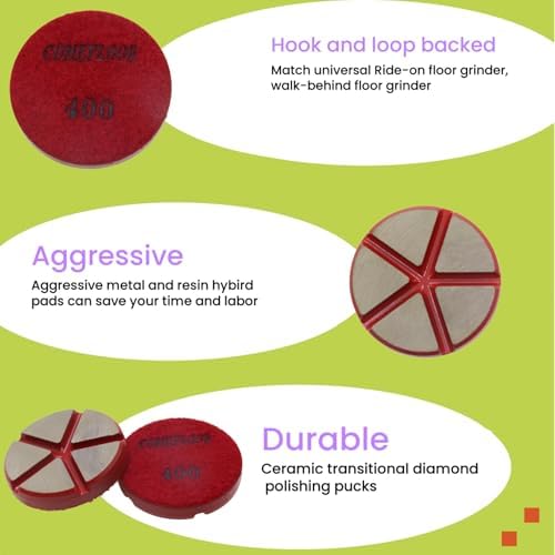 Hybrid Ceramic Transitional Diamond Polishing Pucks for Concrete Terrazzo Floor, 3 Inch Hook and Loop Aggressive Floor Grinding Discs, 400# 9PCS