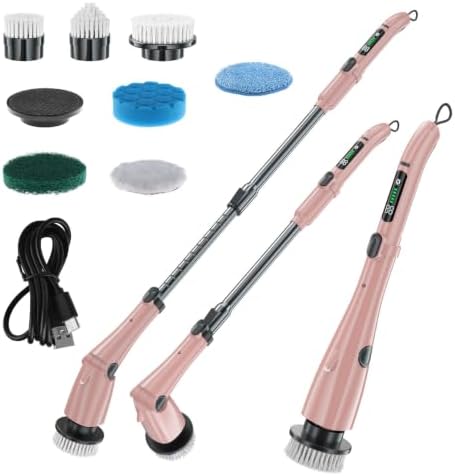 Electric Spin Scrubber, Wireless Retractable Cleaning Kit, 3 Adjustable Speed Modes, Led Light for Kitchen Bathroom Wall Tile Floor Household Daily Cleaning for Home Users Rose Gold