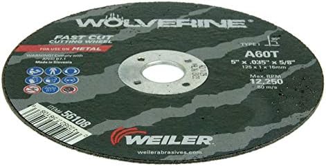Weiler 56108 5 Inch Cutting Wheel, Wolverine AO Steel/Metal Fast Cutting, .035" A60T Type 1 5/8" Arbor, Pack of 25
