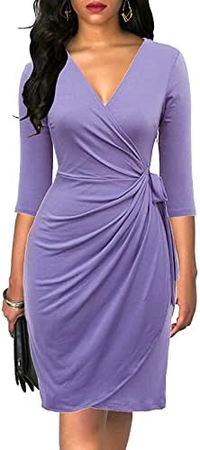 Berydress Women's 3/4 Sleeve V Neck Casual Party Work Faux Black Wrap Dress