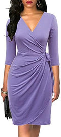 Berydress Women's 3/4 Sleeve V Neck Casual Party Work Faux Black Wrap Dress