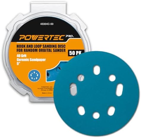 POWERTEC PRO 50PK, 5 Inch Sanding Discs Hook and Loop, 40 Grit, Ceramic Orbital Sander Sandpaper for 5 & 8 Hole Random Orbital Sanders - Automotive, Paint, Metal, Woodworking (45304C-50)