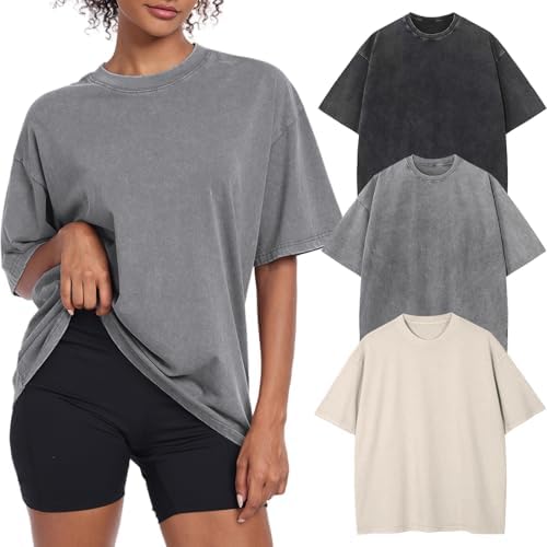Womens Vintage Oversized T Shirts Acid Washed Baggy Cotton Tee Workout Gym Shirts Boyfriend Short Sleeve Tops