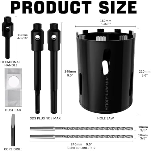 Diamond Core Drill Bit 6-3/8"(162mm) with Pilot Bit & Adapters (SDS Plus & Hex) – Upgraded Welded Segments, 8.6" Depth – for Concrete, Solid Brick, Hollow Brick, Masonry & More
