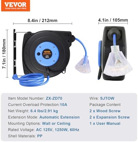 VEVOR 30FT Retractable Extension Cord Reel, 16AWG/3C SJTOW Heavy Duty Power Cord w/Lighted Electrical Triple Tap Outlets, 10A Circuit Breaker, 180° Swivel Bracket for Workshop or Garage, Blue