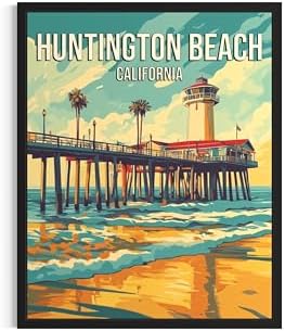 Huntington Beach California Unframed Wall Art Print Poster, US Vintage Retro Beach Scenery Posters Prints for Restroom Home Picture Painting Artwork Gallery 219 (Huntington Beach California, 24"L x 18"W, Unframed)