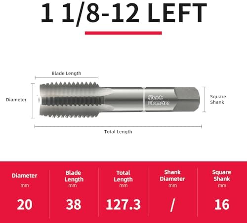 1 1/8-12 Left Hand Straight Flute Thread Tap Machine Tap HSS (High Speed Steel) Threading Tapping Repair Tools DRINYOUNG (1 1/8-12 Left)