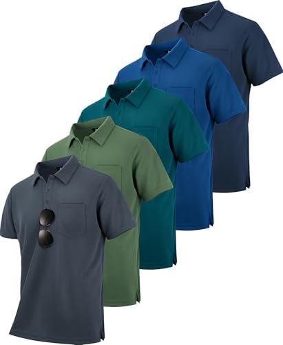 ZITY 5 Pack Polo Shirts for Men with Pocket Dry Quickly Short Sleeve Athletic Outdoor Work Collared Shirts