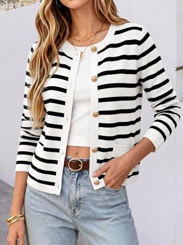 ANRABESS Women's Button Down Cropped Striped Cardigan Sweaters