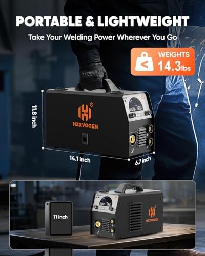 H HZXVOGEN 185A MIG Welder, 110V/220V Dual Voltage, 4-in-1 Gas MIG/Flux Core MIG/Lift TIG/Stick Welding Machine with Synergic Multiprocess Large LED Digital Display, IGBT Inverter