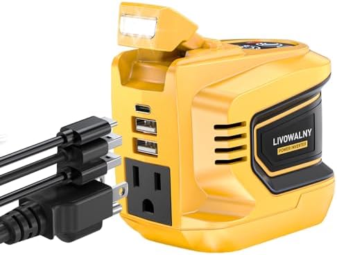 LIVOWALNY 220W-250W Power Inverter, Compatible with DeWALT 20V Battery, DC 20V to AC 110V-120V Portable Power Inverter, 1 AC Outlet, 2 USB Ports & 1 Type-C Port, Adjustable LED Work Light, (Tool Only)