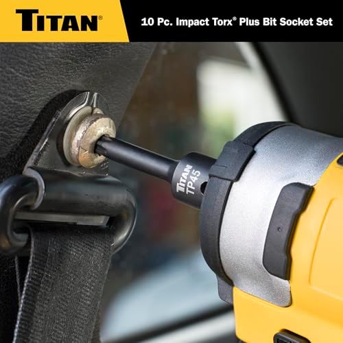 Titan 49008 10-Piece Impact Torx Plus Bit Socket Set, Sizes TP10 thru TP50, S2 and 6150 Alloy Steel, Extra-long Design for Greater Reach and Access, Metal Storage Rail