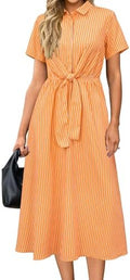 Newshows Women's Work Business Casual Outfits Tie Waist Midi Shirt Dress