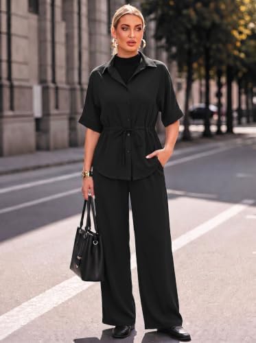 Two Piece Sets for Women Dressy Shirt Top Flared Pants Business Pantsuits