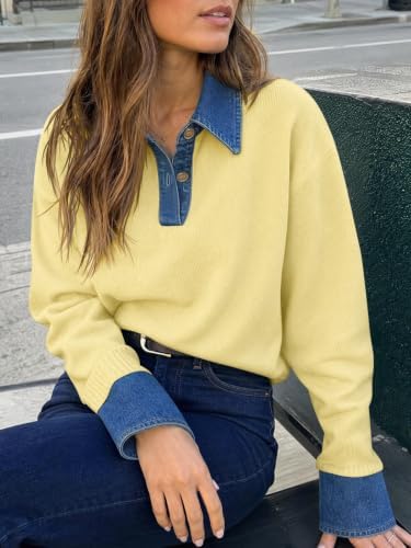 Saodimallsu Womens Denim Patchwork Sweaters V Neck Polo Pullover Tops