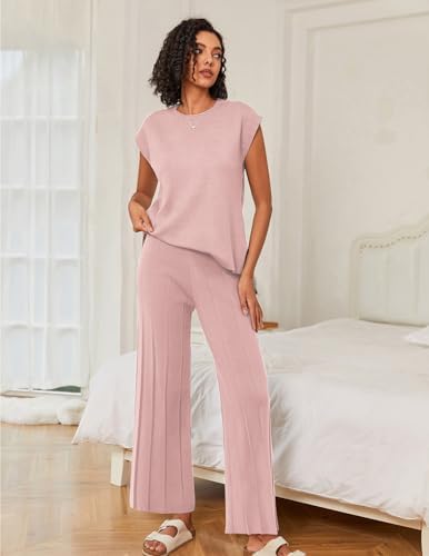Ekouaer Lounge Sets for Women Two Piece Outfits Knit Cap Sleeve Tops Wide Leg Pleated Pants Casual Dressy Sweater Sets