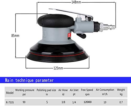 Air Random Orbital Sander 5" Dual Action Palm Sander, 2.5mm Eccentricity Pneumatic Sander Lightweight and Low Vibration With Speed regulation